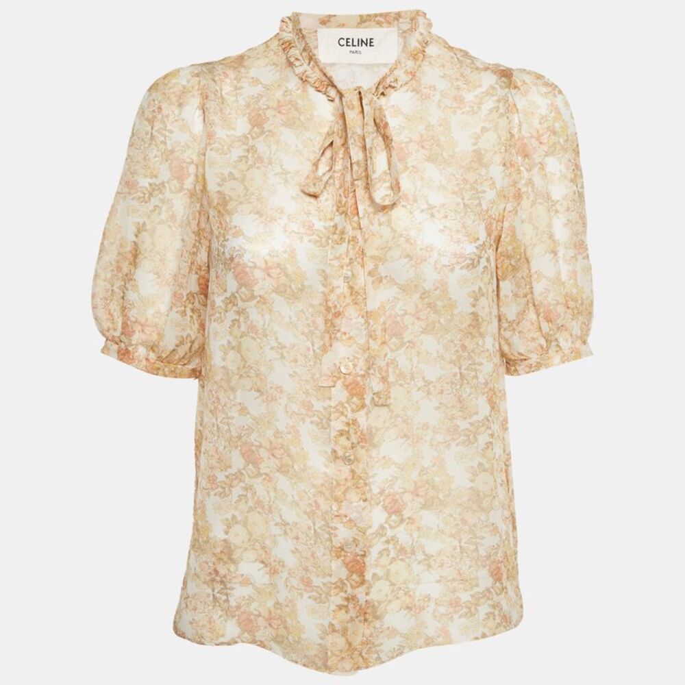 Celine Yellow Floral Print Silk Short Sleeve Shirt S